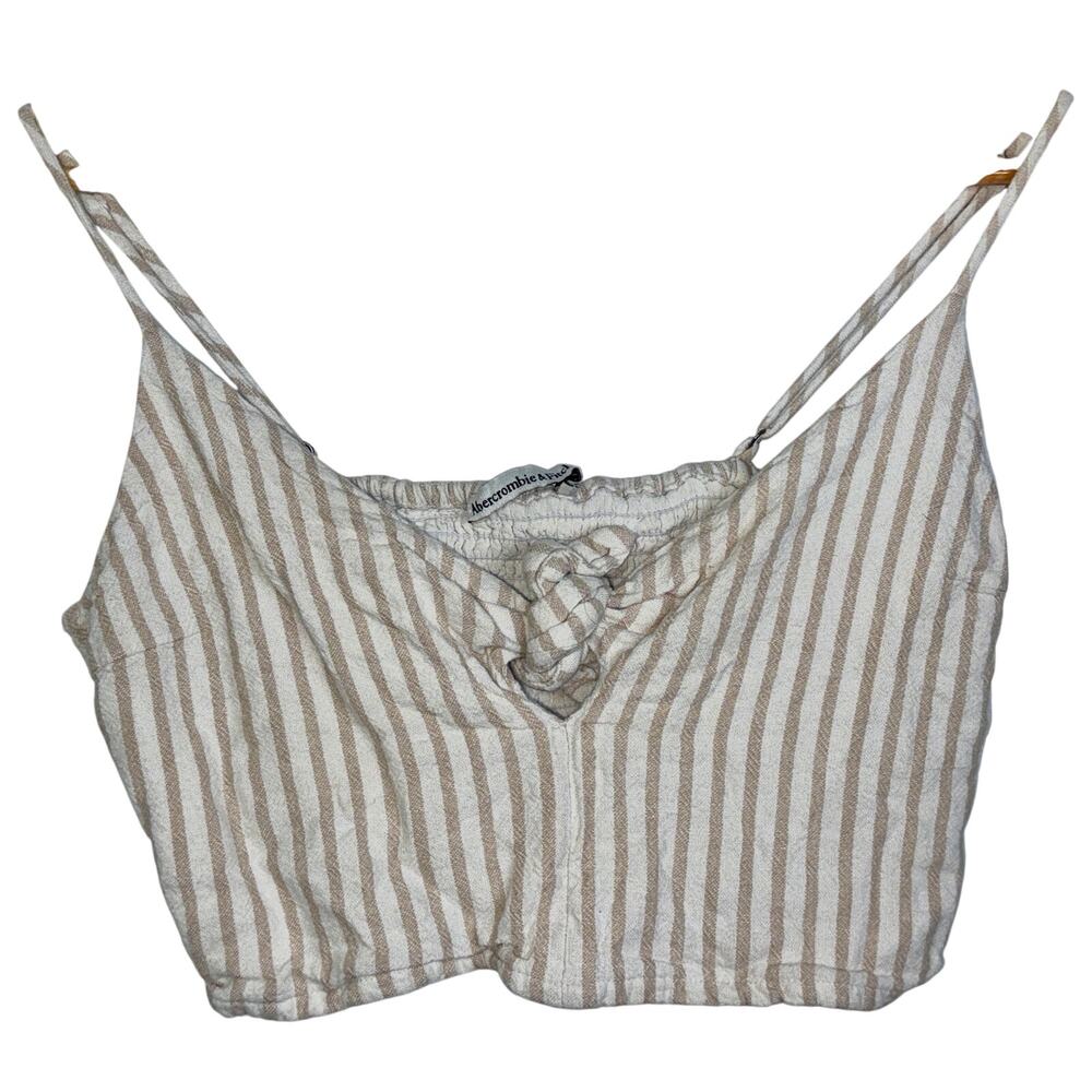 Abercrombie & Fitch White Tan Linen Striped Tie Front Crop Cami Tank Top Size XS